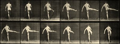 Nackter männlicher Balletttänzer, Erste Ballettaktion, rechtes Bein hebend (Platte 369) ca. 1887 von Eadweard Muybridge